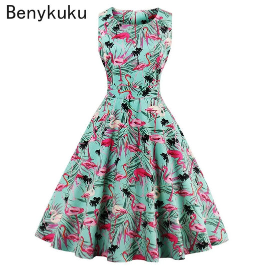 Plus Size Swan Flamingo Print Vintage Dress Women Casual Tunic Pin Up Robe 50s Rockabilly Summer Party Dresses Feminino Vestidos