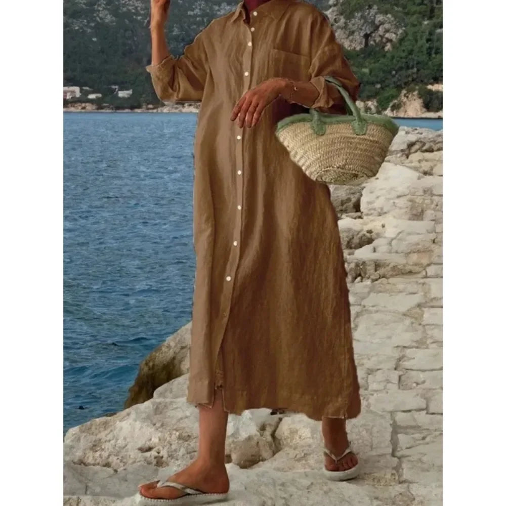 Women's L-5XL Plus Size Cotton Oversized Commuting Casual Solid Color Long Dress with A Lapel Collar Long Sleeves Loose Cardigan