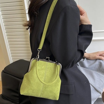 Large Capacity Retro Frosted Handbag Kiss Lock Short Handle Leather Crossbody Bag PU Clip Closure Clutch Shoulder Bag
