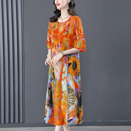 Women Floral Mulberry Silk Midi Dress Spring Summer Elegant Loose Waist Plus Size Dress 2024 Korean Vintage Casual Party Dresses