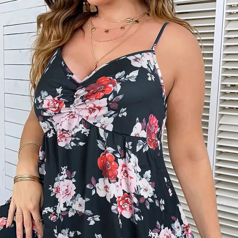 Plus Size Floral Print Cami Dress, Elegant V-Neck Spaghetti Strap A-Line Dress for Women