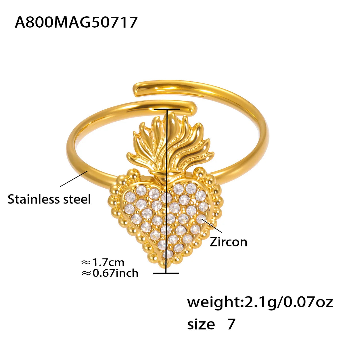Cute Love Heart Rings for Women Waterproof Stainless Steel Gold-plated White Zirconia Ring Daily Jewelry Accessories