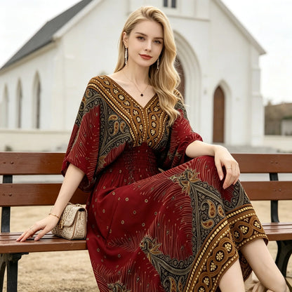 Plus Size Elegant Party Woman Midi Dresses Casual Retro Ethnic Style V-neck Tunic Large Swing Floral Printed Long Skirt Holiday