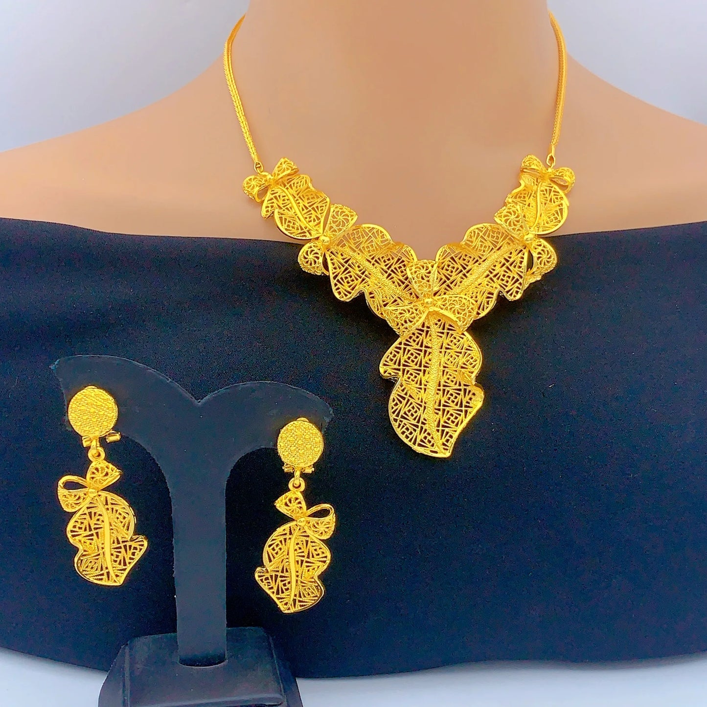 Indian 24K Gold Plated Jewelry Set For Women Nigeria Dubai African Bridal Necklace Earrings Wedding Party Gift Jewellery