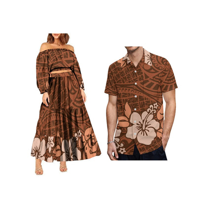New Fashion Custom Plus Size Lady Full Sleeve Off Shoulder Crop Top and Long Pleated Skirt Samoan Polynesian Dress Women 2pcs
