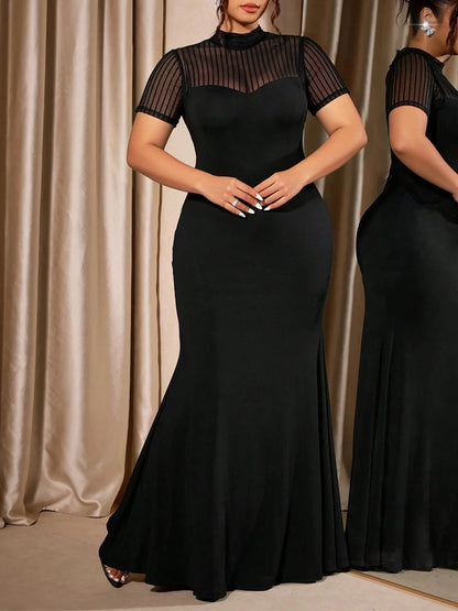 Plus Size Women Mesh Evening Dress High Neck Cap Sleeve Sheer Gown Frock Slim Fit Casual Elegant Ladies Wear Spring Summer Dress