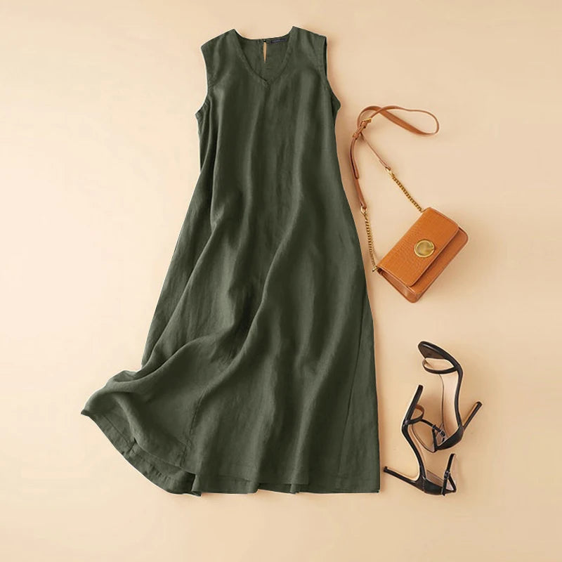 ZANZEA Plus Size Cotton Sleeveless Dresses 2025 Summer Womens Casual V Neck Solid Sundress Loose Vestidos Vintage Robes Femme