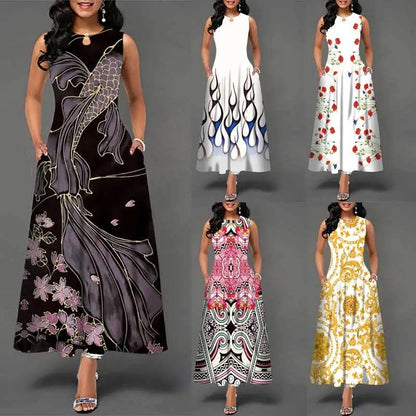 Women Plus Size Casual Retro Long Dress with Pockets Floral Print Swing Dress