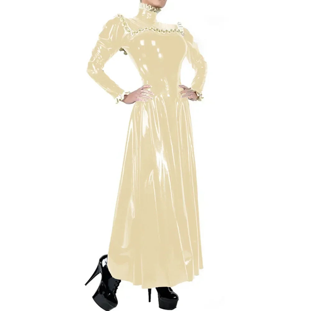 Plus Size Ladies Elegant Long Dress High Neck Ruched Trims Long Sleeved Vestidos Bodycon Back Zip Wetlook PVC Leather Ball Gowns