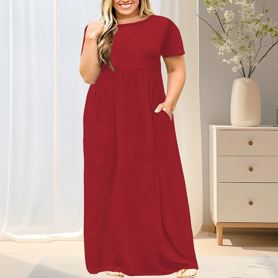 2024 New Women's Plus Size Casual Summer Dress - A-Line Short Sleeve Round Neck Maxi Dress, Machine Washable Solid Color Breatha