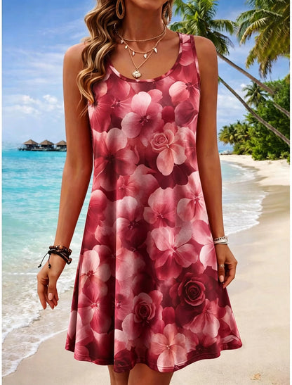Plus Size Women's Round Neck Sleeveless Tropical 3d Print Casual A-Line Mini Dress, Beach Tank Dresses for Spring & Summer