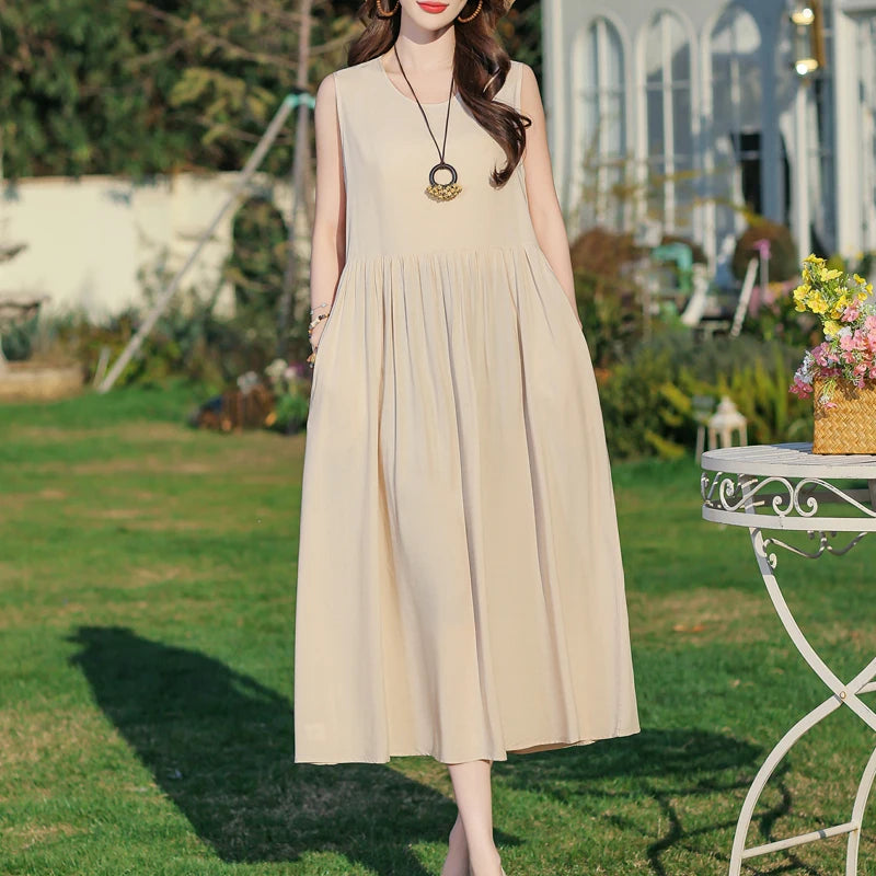 Plus Size Women Dress 2025 Summer Long Dress Vintage Loose Casual Elegant  Sleeveless Dress Women