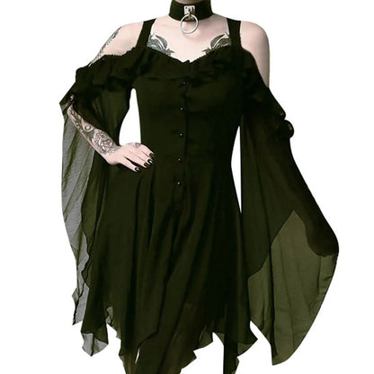 2024 Women Plus Size Fashion Dew Shoulder Gothic Ruffled Sling Dress Irregular Dress（S-5XL) Vintage Punk Harajuku Lolita Clothes