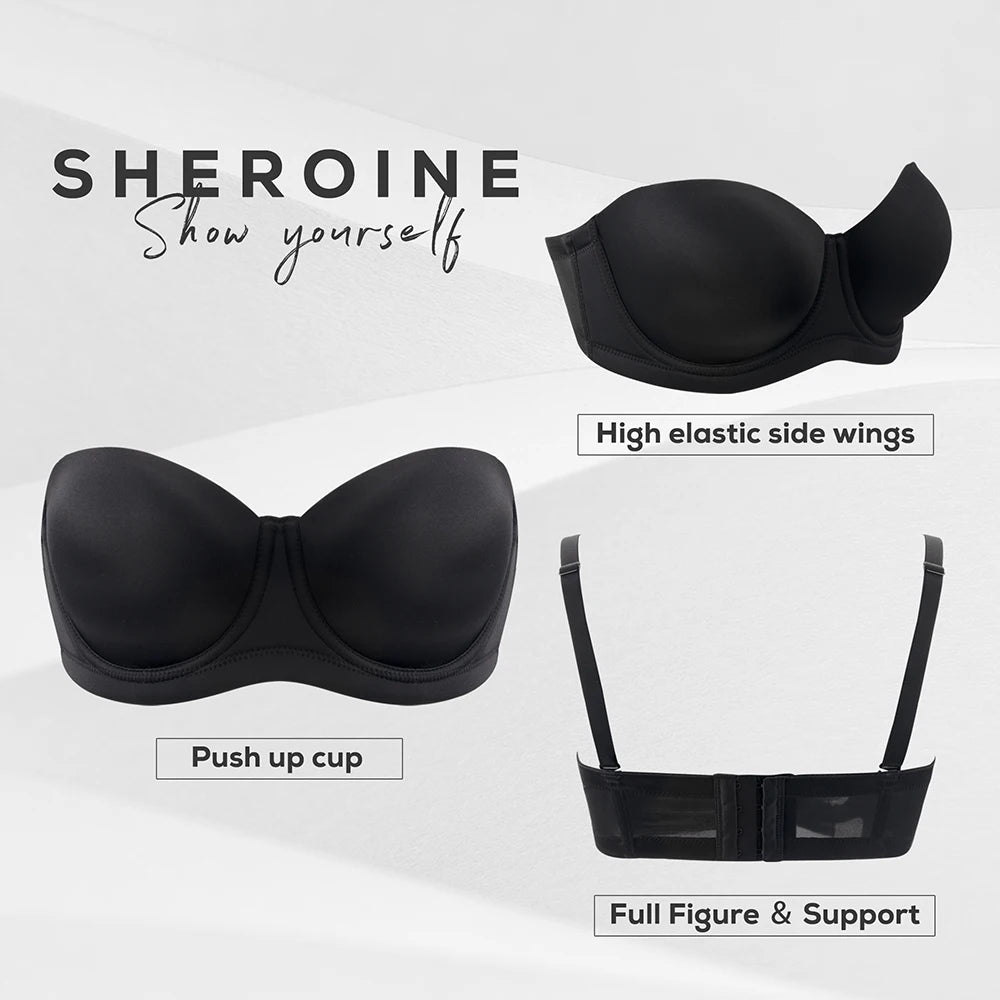Sheroine Plus Size Strapless Bra Push Up Underwire Full Coverage Light-Padded Bras for Big Breasts Smooth & Comfort with Support