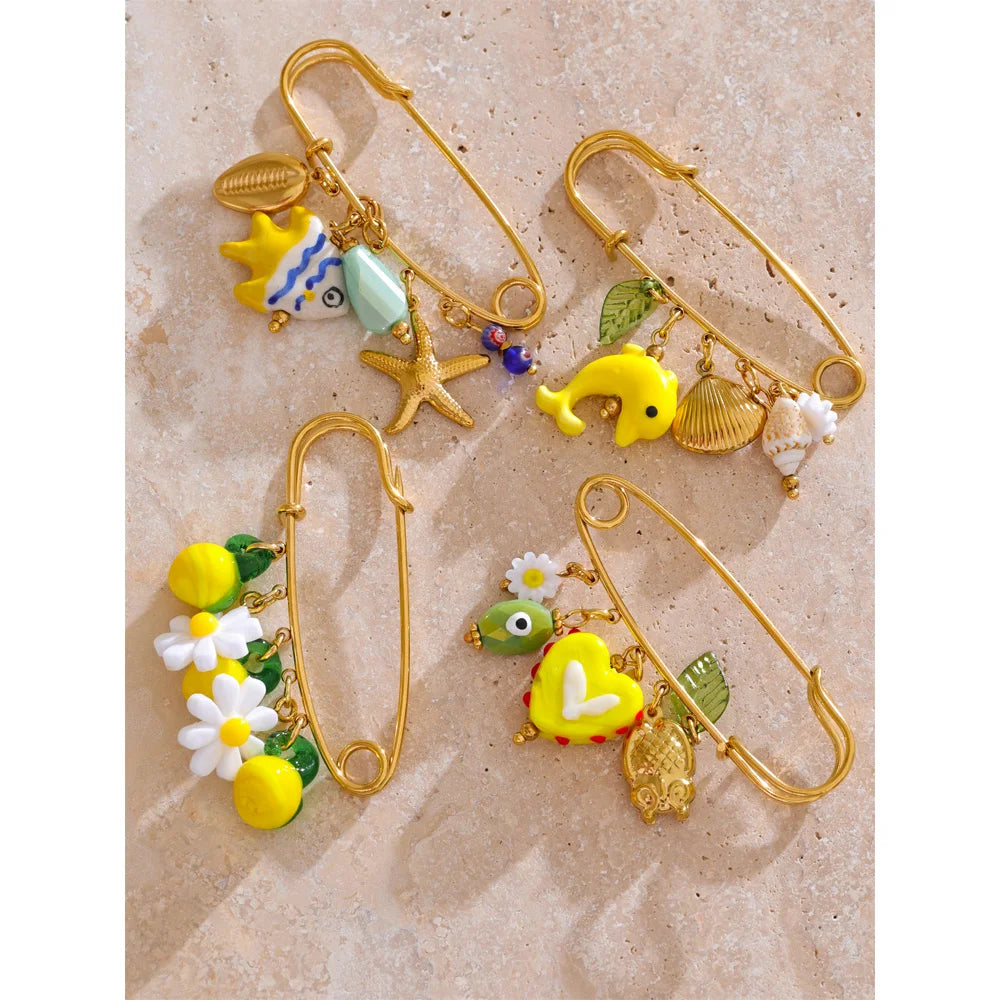 Yhpup 1Pcs Fashion Plastic Strawberry Fruit Heart Flower Shell Drop Charm Clasp Pin 18K Golden Plated Stainless Steel Jewelry