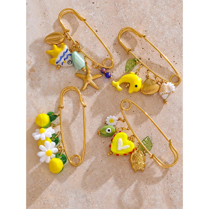 Yhpup 1Pcs Fashion Plastic Strawberry Fruit Heart Flower Shell Drop Charm Clasp Pin 18K Golden Plated Stainless Steel Jewelry