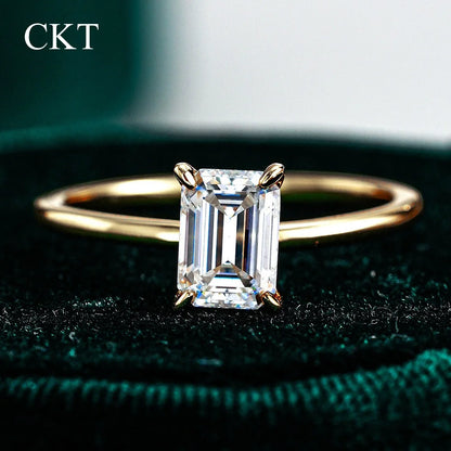 CKT Real 18k Gold Ring for Women Four-claw Emerald Rectangular 1ct Diamond Moissanite with GRA Cartificate Fine Jewelry