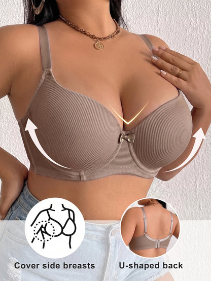 Plus Size Women Bra Thin Cup Underwire Side Gathering Push Up Bra Solid Ribbed Anti-Sagging Comfortable & Breathable Lingerie
