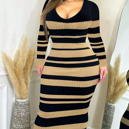 Plus-size Women's Spring and Autumn Slimming Striped Print Long-sleeved Gathered Dress