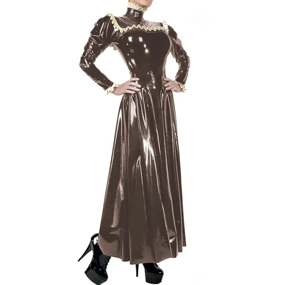 Plus Size Ladies Elegant Long Dress High Neck Ruched Trims Long Sleeved Vestidos Bodycon Back Zip Wetlook PVC Leather Ball Gowns