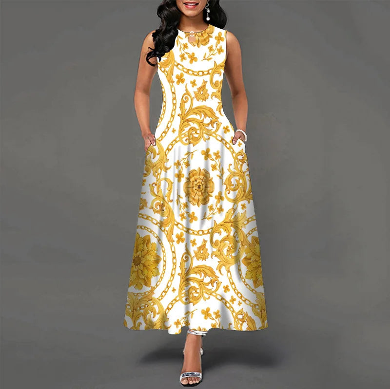 Women Plus Size Casual Retro Long Dress with Pockets Floral Print Swing Dress