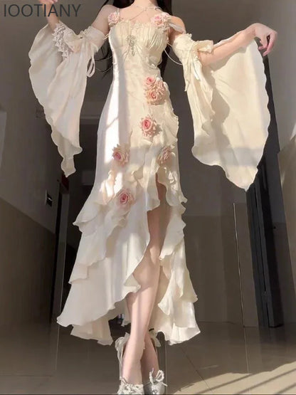 Women's High Waist Slim Elegant 3d Rose Irregular Long Skirt Lady Gothic Sleeve Dress Summer Sweet Lolita Fishtail Fairy Dress