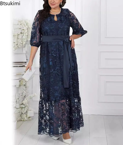 New Women's Elegant Lace Embroidery Cocktail Party Dresses Spring Plus Size Hollow Out Prom Gown Ladies Slim Formal Maxi Dress