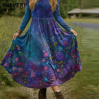 New Plus Size Women Dress Boho O Neck Long Sleeve A-line Party Dresses For Women Spring Autumn Flower Printed Long Dress