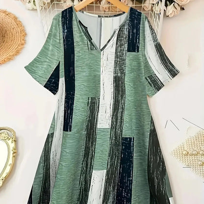 Women's Plus-Size Casual V-Neck Short-Sleeve Dress With Contrasting Stripes, Made of Polyester Knit Fabric, Straight Cut, Mid-Le