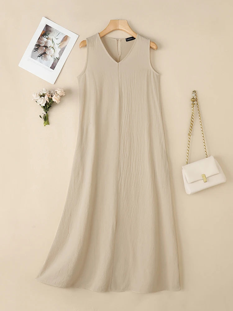 ZANZEA Plus Size Cotton Sleeveless Dresses 2025 Summer Womens Casual V Neck Solid Sundress Loose Vestidos Vintage Robes Femme