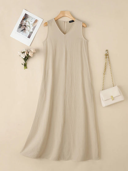 ZANZEA Plus Size Cotton Sleeveless Dresses 2025 Summer Womens Casual V Neck Solid Sundress Loose Vestidos Vintage Robes Femme