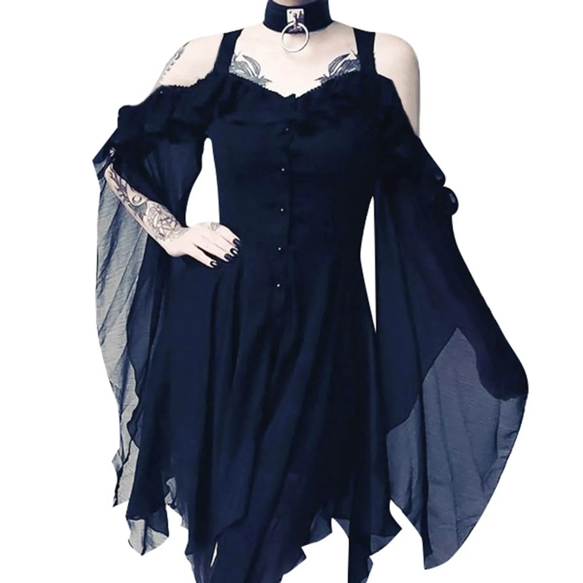 2024 Women Plus Size Fashion Dew Shoulder Gothic Ruffled Sling Dress Irregular Dress（S-5XL) Vintage Punk Harajuku Lolita Clothes