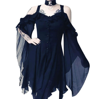 2024 Women Plus Size Fashion Dew Shoulder Gothic Ruffled Sling Dress Irregular Dress（S-5XL) Vintage Punk Harajuku Lolita Clothes