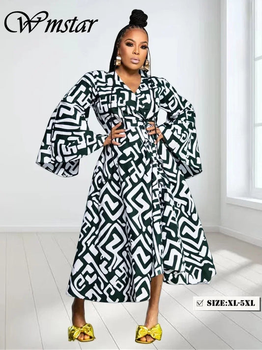 Plus Size Dresses for Women V Neck Elegant Lady Print Loose Sexy Flared  Long Sleeve Fall Maxi Dress Wholesale Dropshipping 2024