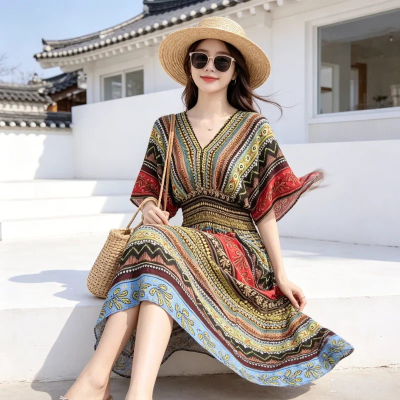 Plus Size Elegant Party Woman Midi Dresses Casual Retro Ethnic Style V-neck Tunic Large Swing Floral Printed Long Skirt Holiday