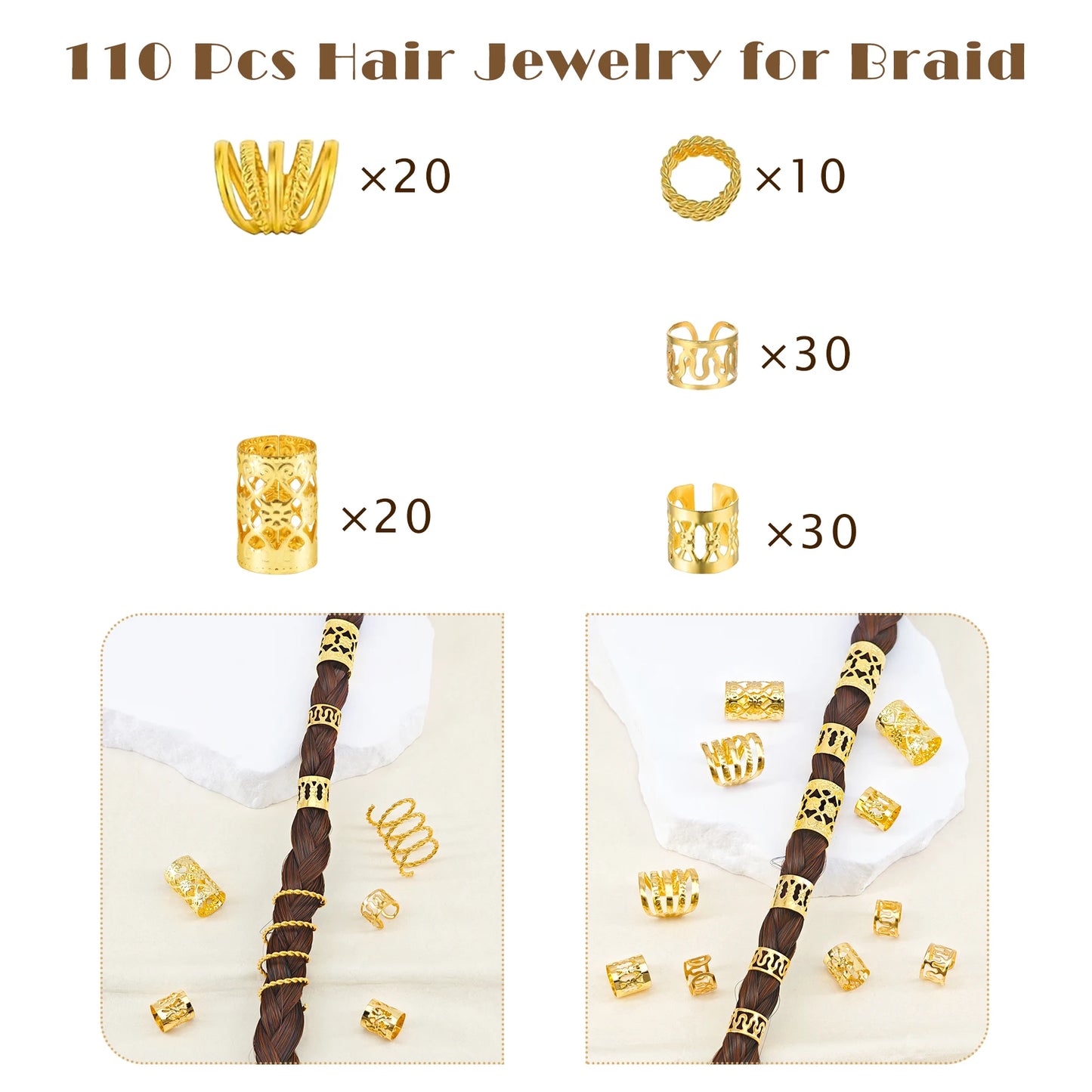 110 Pcs Gold Hair Jewelry for Braids and Dreadlocks - Metal Rings, Cuffs, Clips Accessory Decorations - Golden Yellow