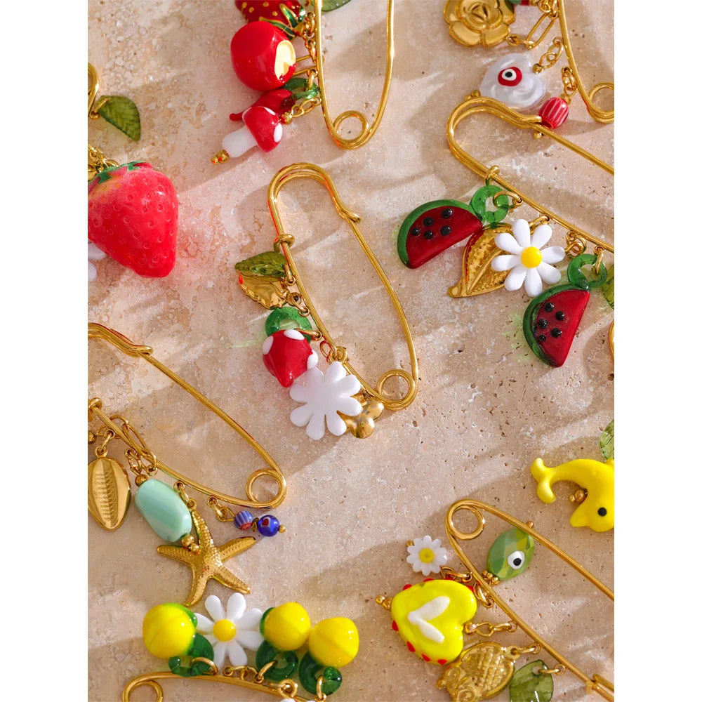 Yhpup 1Pcs Fashion Plastic Strawberry Fruit Heart Flower Shell Drop Charm Clasp Pin 18K Golden Plated Stainless Steel Jewelry