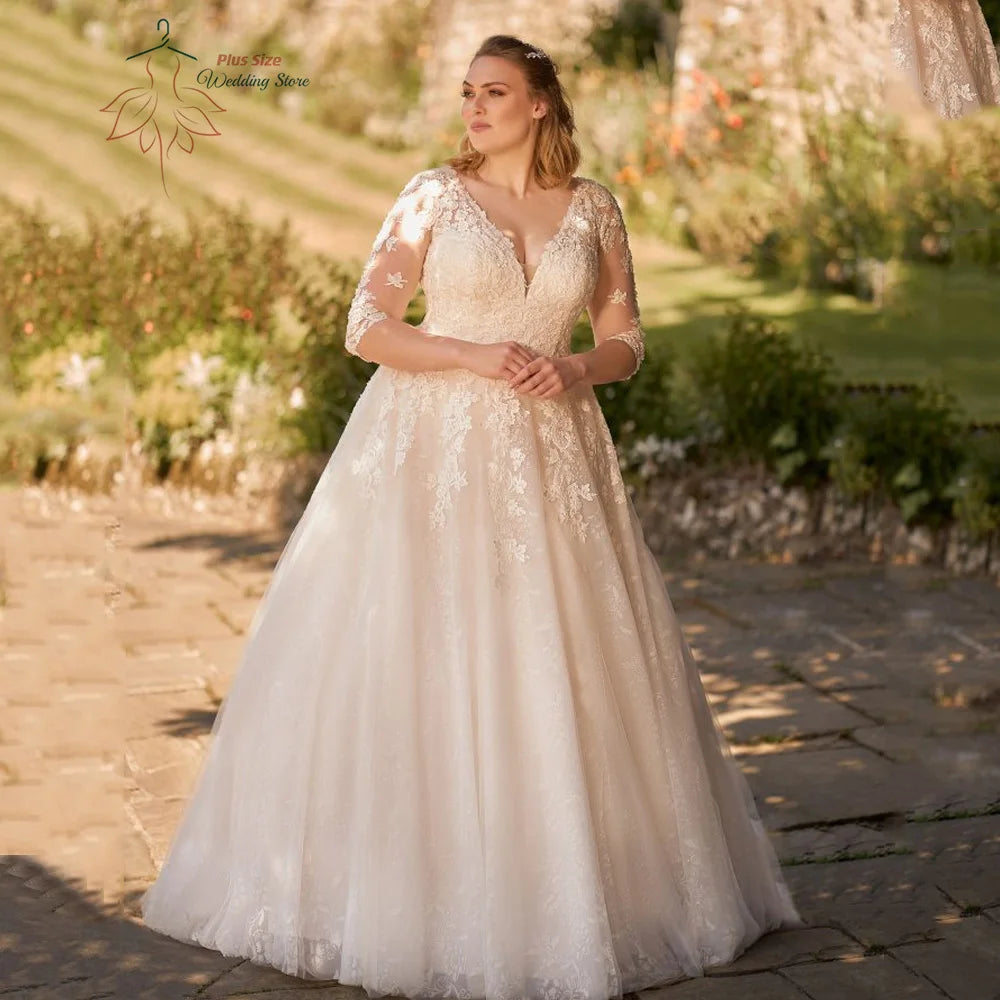 Customized Wedding Dresses Plus Size V Neck 3/4 Sleeves Bride Gowns Appliques Lace up Sweep Train Tulle A-Line Robe De PSL98009