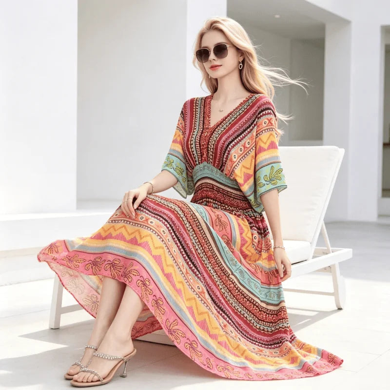 Plus Size Elegant Party Woman Midi Dresses Casual Retro Ethnic Style V-neck Tunic Large Swing Floral Printed Long Skirt Holiday