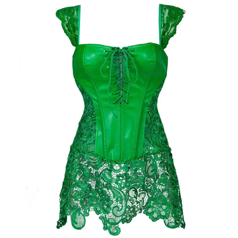 Womens Shoulder Straps Corset Dress Faux Leahter Bustier Waist Cincher Steampunk Shaper Sexy Lingerie Lace Skirt Plus Size 6XL