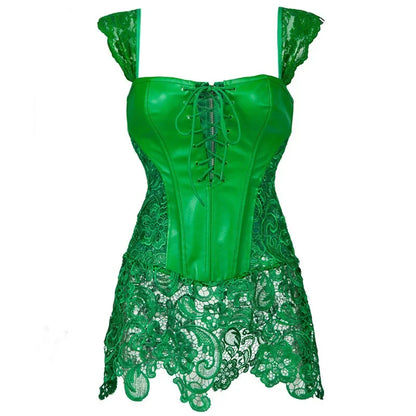Womens Shoulder Straps Corset Dress Faux Leahter Bustier Waist Cincher Steampunk Shaper Sexy Lingerie Lace Skirt Plus Size 6XL
