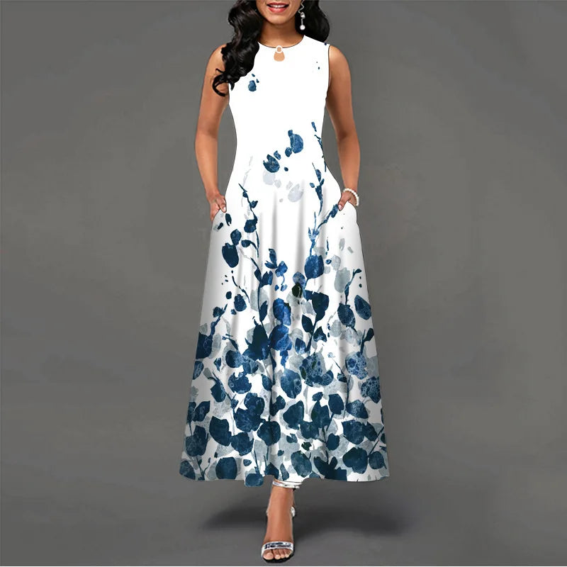Women Plus Size Casual Retro Long Dress with Pockets Floral Print Swing Dress