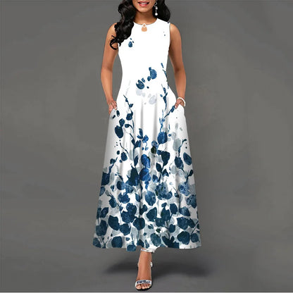 Women Plus Size Casual Retro Long Dress with Pockets Floral Print Swing Dress