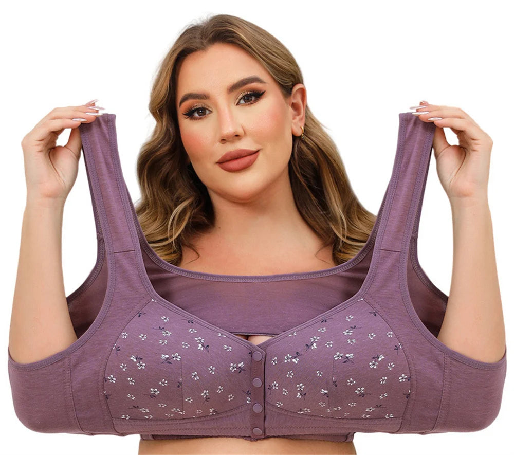 Real Plus Size Bra With Front Closure Button Wireless Back & Posture Support Bra Leopard Print Wirefree 50 52D 5XL