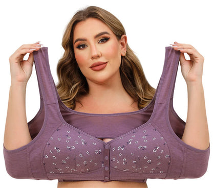 Real Plus Size Bra With Front Closure Button Wireless Back & Posture Support Bra Leopard Print Wirefree 50 52D 5XL