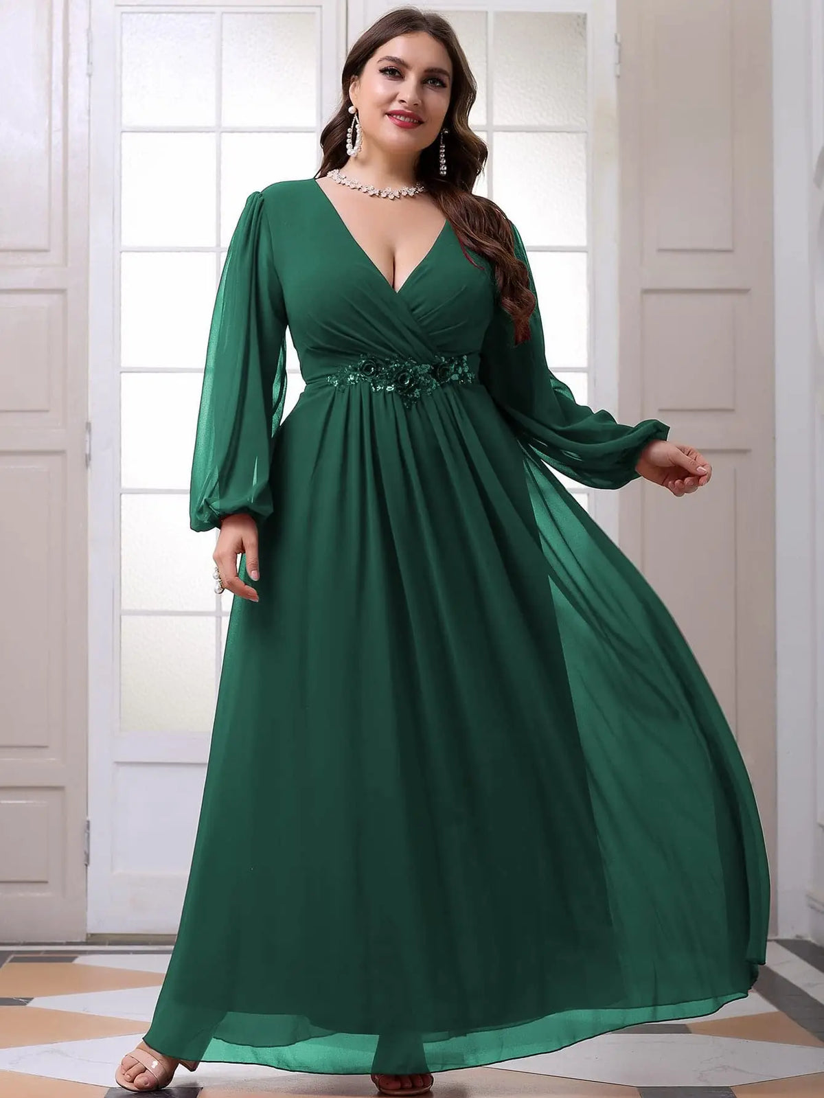 Plus Size Women V-Neck Long Sleeve Chiffon Dress Waistline Pleated Lantern Sleeve Decorated Bead Strip Long Gown Evening Dress