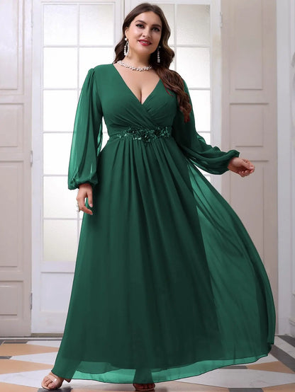 Plus Size Women V-Neck Long Sleeve Chiffon Dress Waistline Pleated Lantern Sleeve Decorated Bead Strip Long Gown Evening Dress