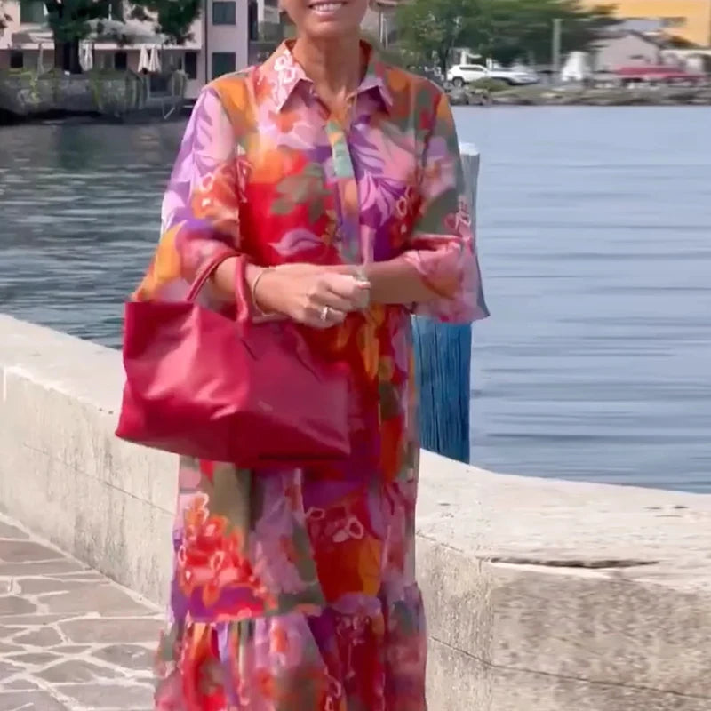 Plus Size Dress Women Turn Down Colloar Flower Printed Long Dress Boho Beach Holidyay Dresses For Women Casual Half Sleeve Loose
