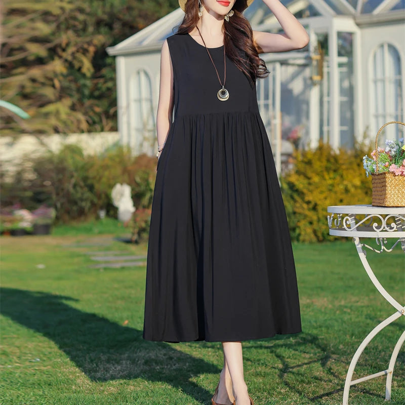 Plus Size Women Dress 2025 Summer Long Dress Vintage Loose Casual Elegant  Sleeveless Dress Women