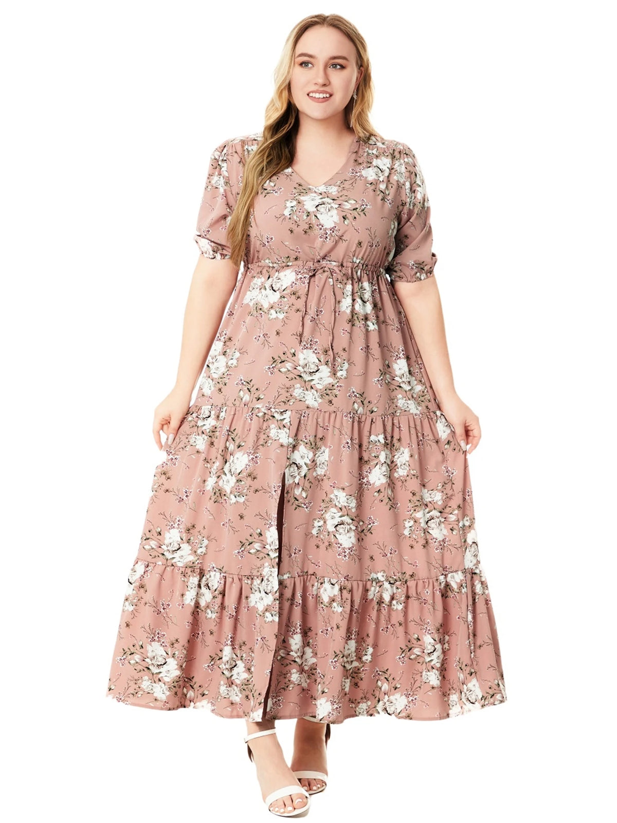 Plus Size Bohemian Summer Beach Casual Floral Print Half Sleeve Split Hem Maxi V Neck Long Dresses For Women